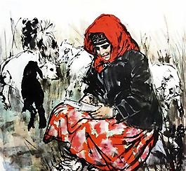 牧羊女人物國畫