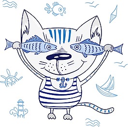 藍色條紋卡通可愛貓咪與魚