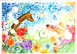 百花齐放彩铅水彩插画