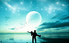 情侶星空月亮藍色主題背景圖