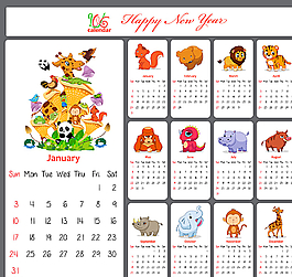 2016年卡通動(dòng)物年歷矢量圖圖片