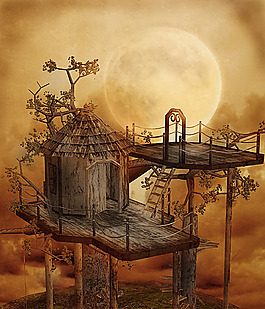 木屋與月亮背景