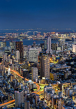 夜晚的海边城市和公路