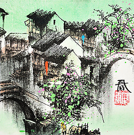 無框古鎮(zhèn)風景畫