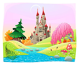 卡通樹與卡通城堡風景