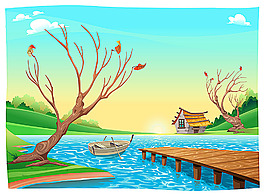 卡通碼頭小船風景