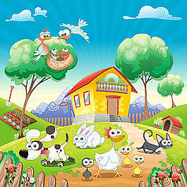 房屋外的動(dòng)物卡通畫(huà)