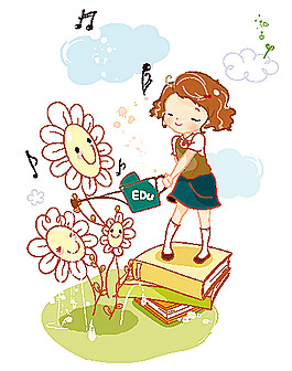 站在书本给花浇水的小女孩