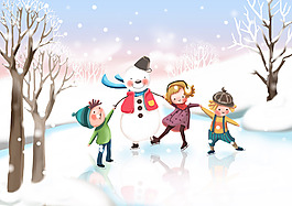 手绘儿童雪天冰上游戏