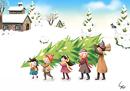 手繪兒童雪天抬圣誕樹(shù)