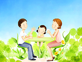 喝茶的一家人卡通插画