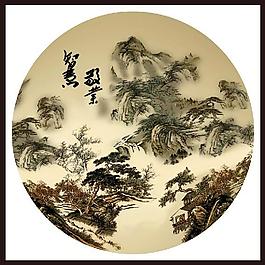 圓形墻畫山水畫水墨畫