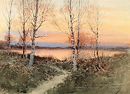 湖邊夕陽美景油畫