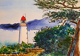 水彩画,灯塔,颜色