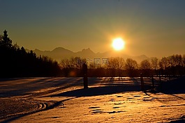 冬天,雪,日落