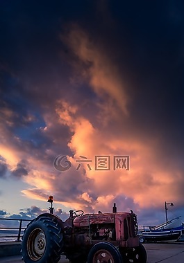 日出,海岸,拖拉機(jī)