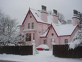 房子,雪,粉红色