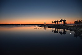 日出,灯塔,湖