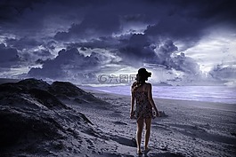 單,女子,海灘