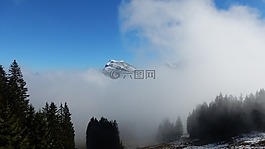 霧,山,天空