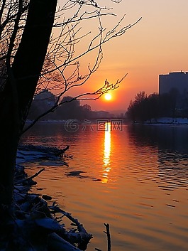 日落,冬天,水