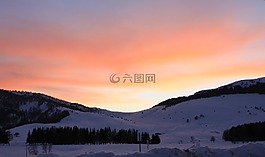 日落,山,雪