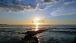 日出,海灘,云