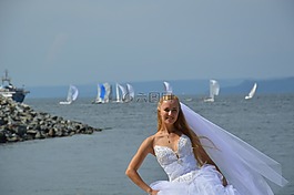新娘,海,游艇