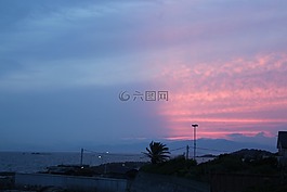 日落,天空,海