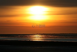 日落,海岸,北海