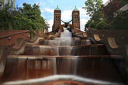噴泉,水,流