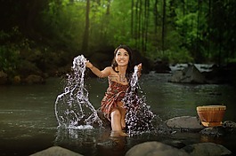 村,婦女,女孩