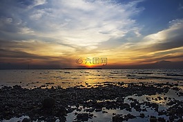 海灘,日落,巖