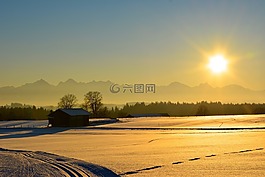 日落,高山,山
