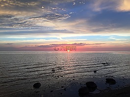 日落,湖,海灘