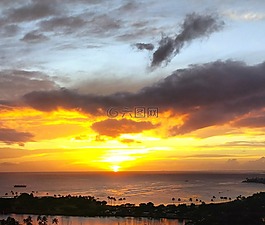 日落,島,海洋