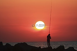 漁,日落,釣魚