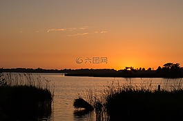 日落,湖,橙色