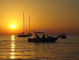 日落,海洋,船