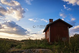 紅色,小屋,晚上