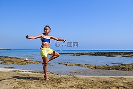 女孩,跳舞,海灘