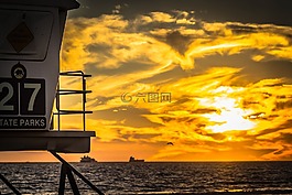 日落,海灘,海洋