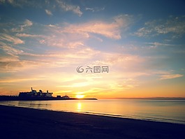 海,日落,海灘