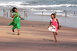 海灘,女孩,運行