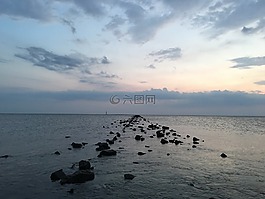 日落,海,北
