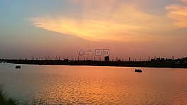 日落,河,晚上