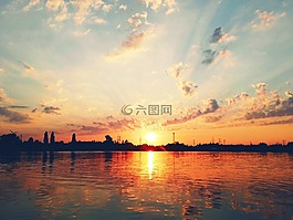 湖,西,日落