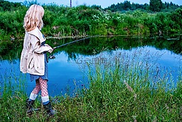 女孩,捕魚,桿