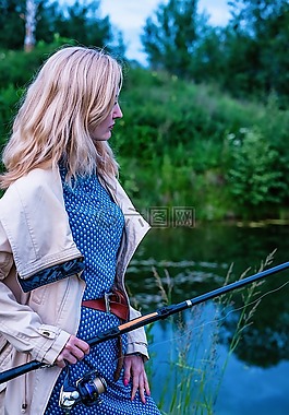 女孩,捕魚(yú),桿