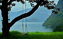 秋千,老樹,山